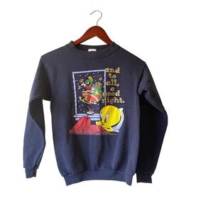 Vintage 1998 Kids Looney Tunes Tweety Bird Christmas Sweatshirt Pullover Navy L